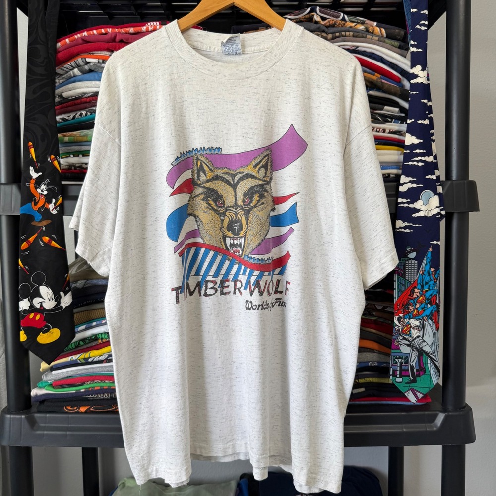 Vintage Gray Worlds Of Fun Timber Wolf Roller Coaster Graphic Tee L/XL